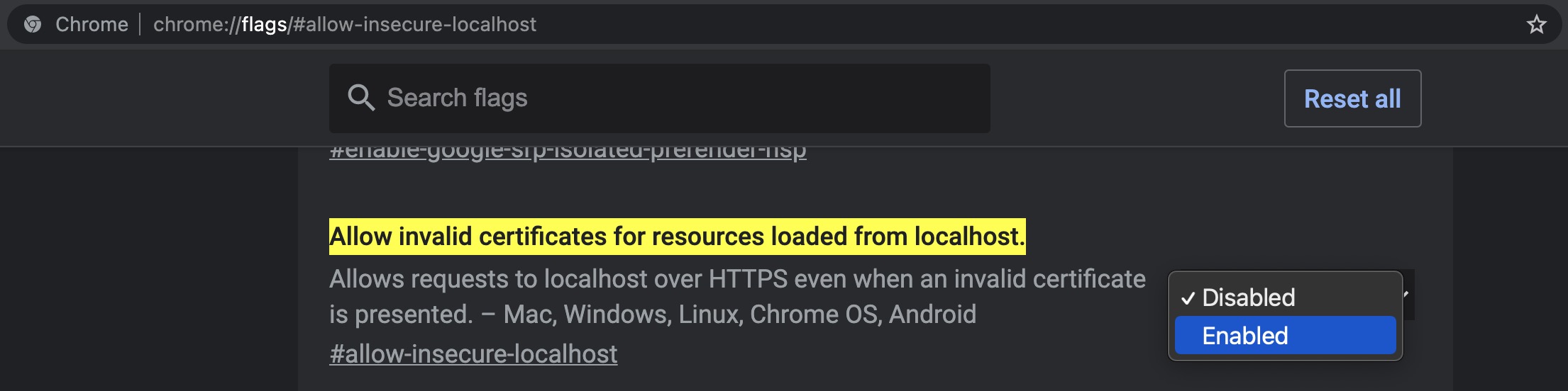 Allow invalid certificates for resources loaded from localhost